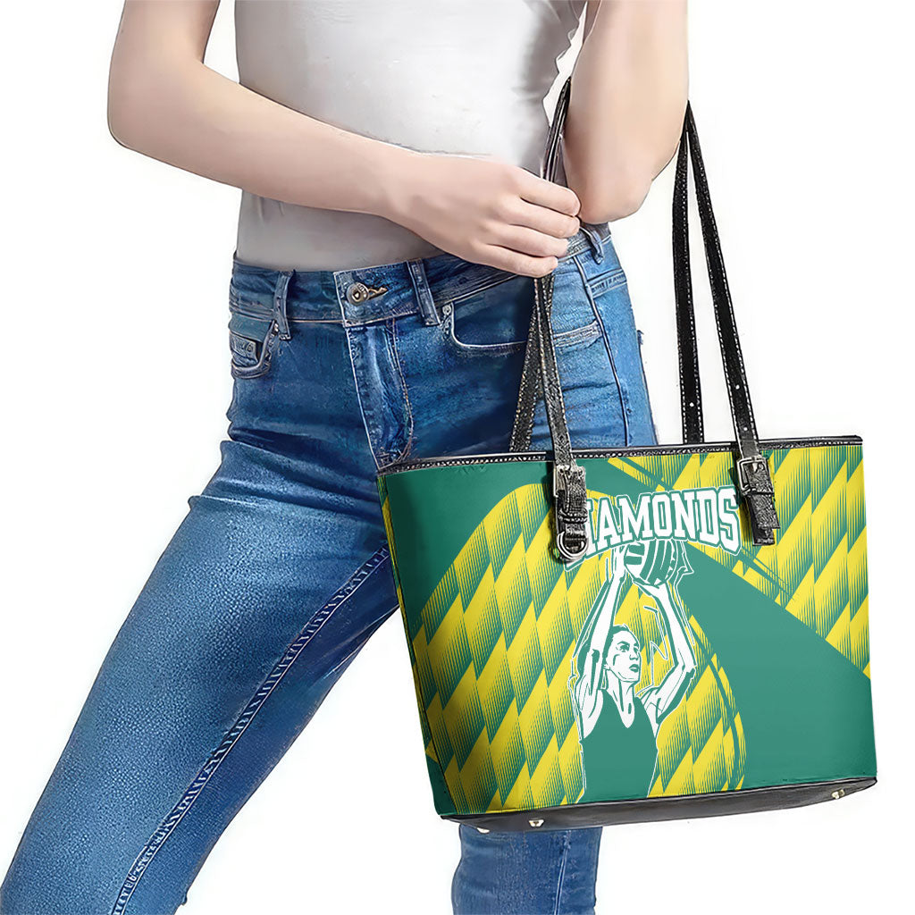 Australian Diamonds Netball Leather Tote Bag Bold Geometric Zigzag Pattern With Athletic Player Graphics