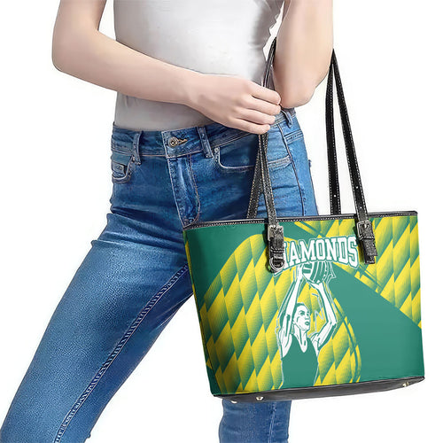 Australian Diamonds Netball Leather Tote Bag Bold Geometric Zigzag Pattern With Athletic Player Graphics