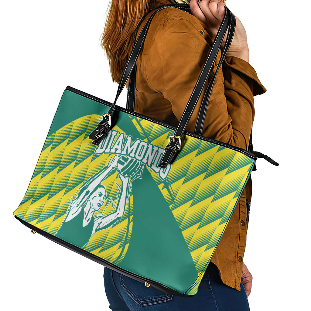Australian Diamonds Netball Leather Tote Bag Bold Geometric Zigzag Pattern With Athletic Player Graphics