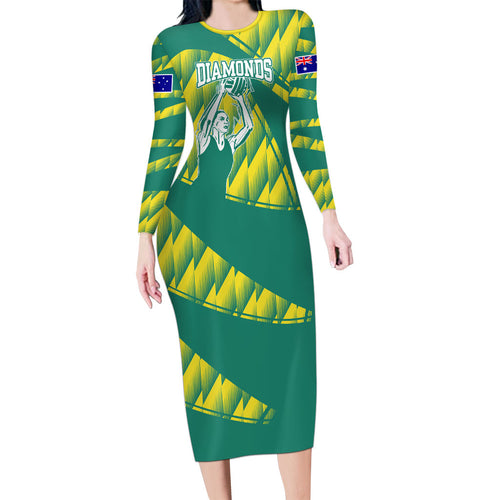 Australian Diamonds Netball Long Sleeve Bodycon Dress Bold Geometric Zigzag Pattern With Athletic Player Graphics