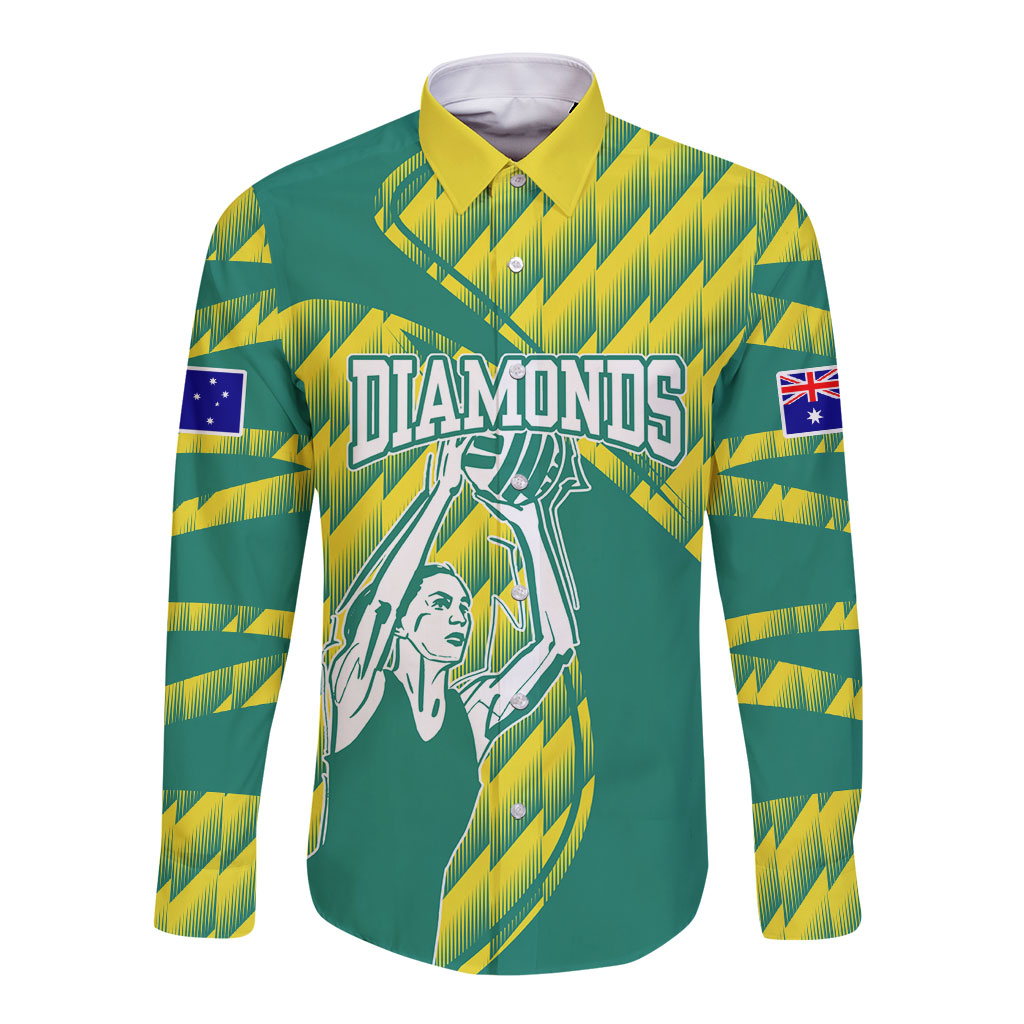 Australian Diamonds Netball Long Sleeve Button Shirt Bold Geometric Zigzag Pattern With Athletic Player Graphics