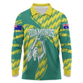 Australian Diamonds Netball Long Sleeve Polo Shirt Bold Geometric Zigzag Pattern With Athletic Player Graphics