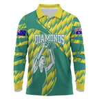 Australian Diamonds Netball Long Sleeve Polo Shirt Bold Geometric Zigzag Pattern With Athletic Player Graphics
