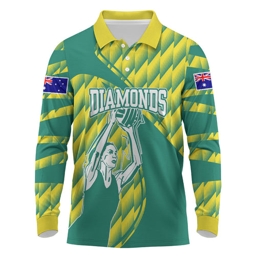 Australian Diamonds Netball Long Sleeve Polo Shirt Bold Geometric Zigzag Pattern With Athletic Player Graphics