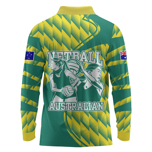 Australian Diamonds Netball Long Sleeve Polo Shirt Bold Geometric Zigzag Pattern With Athletic Player Graphics