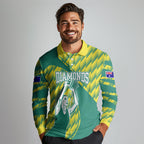 Australian Diamonds Netball Long Sleeve Polo Shirt Bold Geometric Zigzag Pattern With Athletic Player Graphics