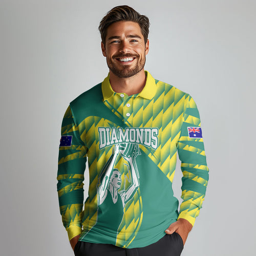 Australian Diamonds Netball Long Sleeve Polo Shirt Bold Geometric Zigzag Pattern With Athletic Player Graphics