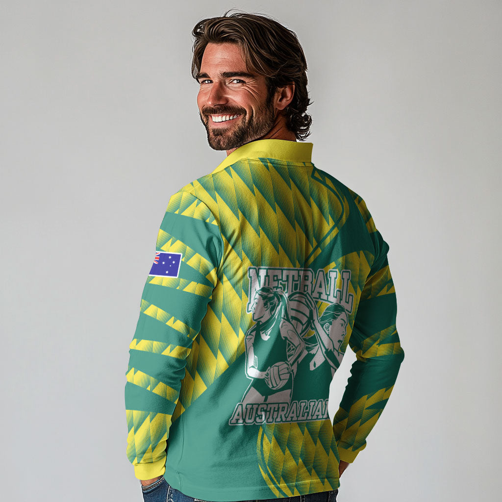 Australian Diamonds Netball Long Sleeve Polo Shirt Bold Geometric Zigzag Pattern With Athletic Player Graphics