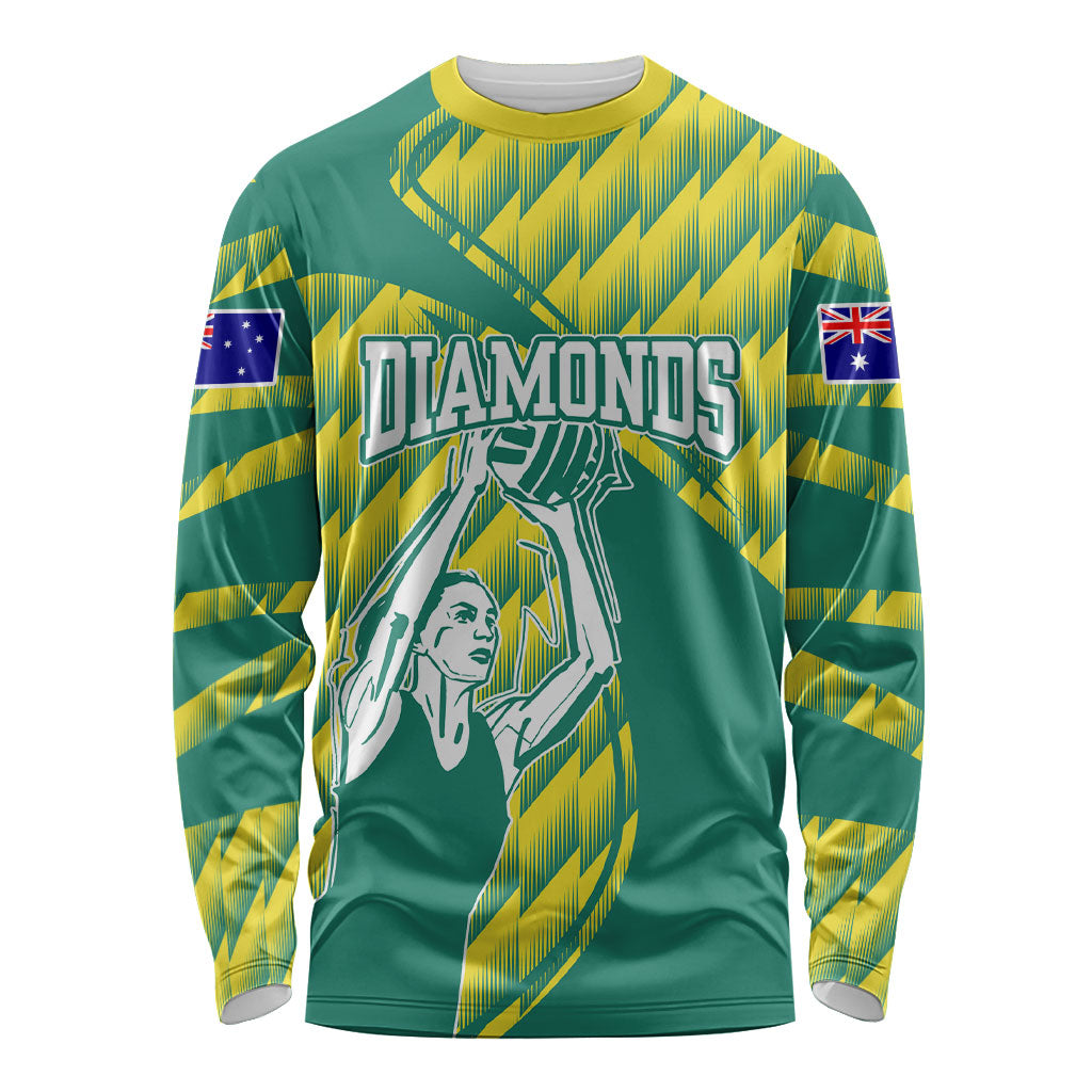 Australian Diamonds Netball Long Sleeve Shirt Bold Geometric Zigzag Pattern With Athletic Player Graphics