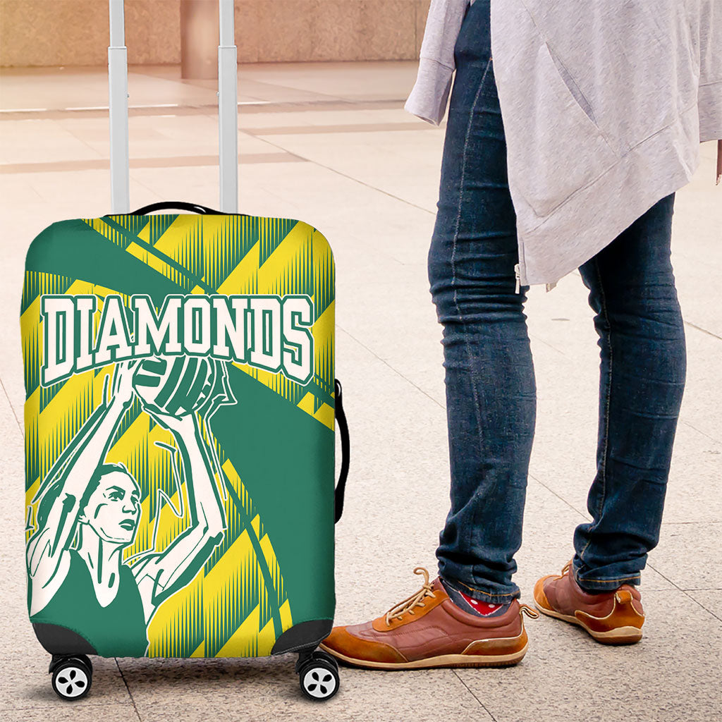 Australian Diamonds Netball Luggage Cover Bold Geometric Zigzag Pattern With Athletic Player Graphics