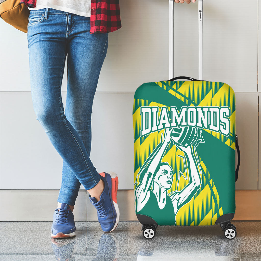 Australian Diamonds Netball Luggage Cover Bold Geometric Zigzag Pattern With Athletic Player Graphics