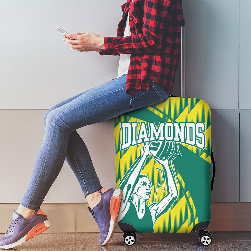 Australian Diamonds Netball Luggage Cover Bold Geometric Zigzag Pattern With Athletic Player Graphics