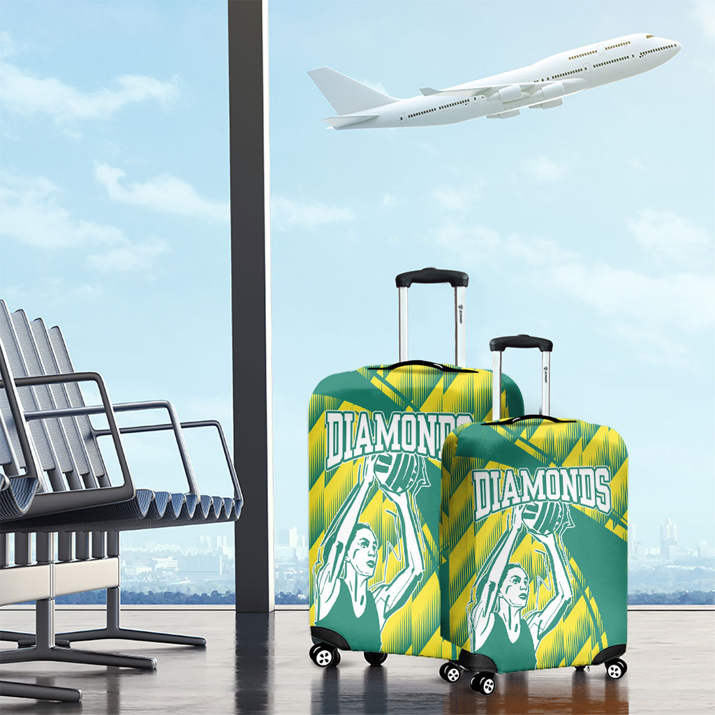 Australian Diamonds Netball Luggage Cover Bold Geometric Zigzag Pattern With Athletic Player Graphics