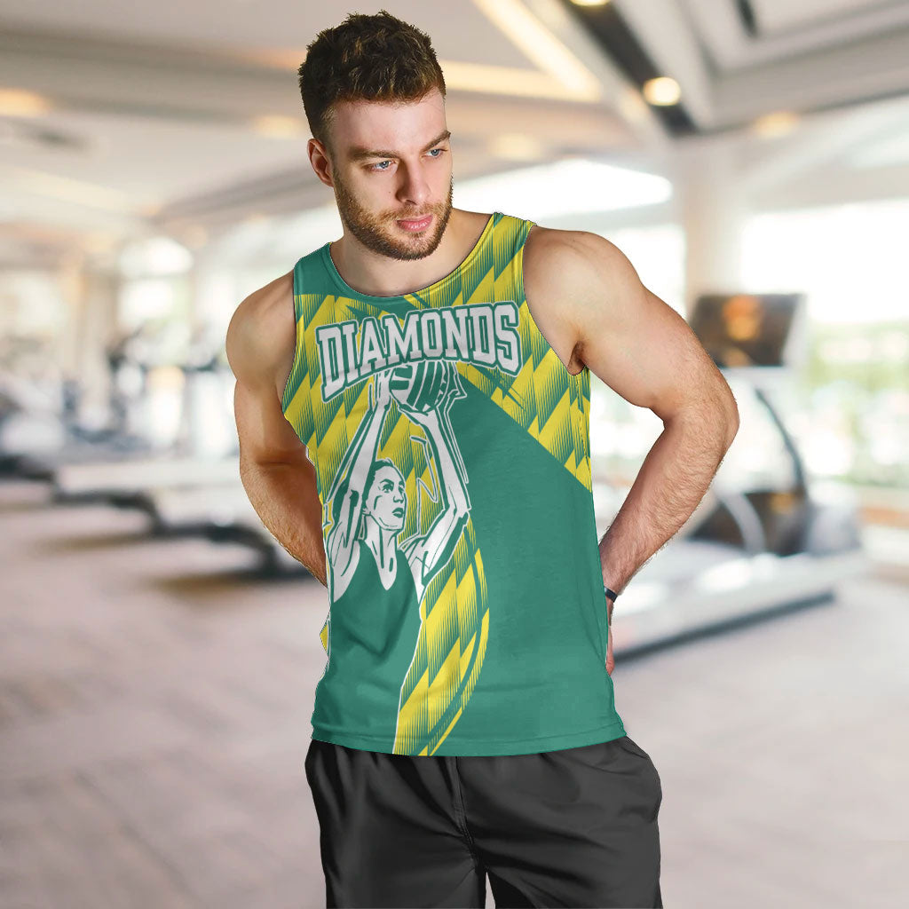 Australian Diamonds Netball Men Tank Top Bold Geometric Zigzag Pattern With Athletic Player Graphics