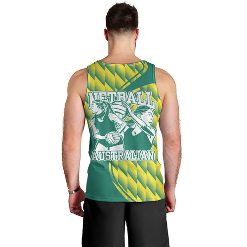 Australian Diamonds Netball Men Tank Top Bold Geometric Zigzag Pattern With Athletic Player Graphics
