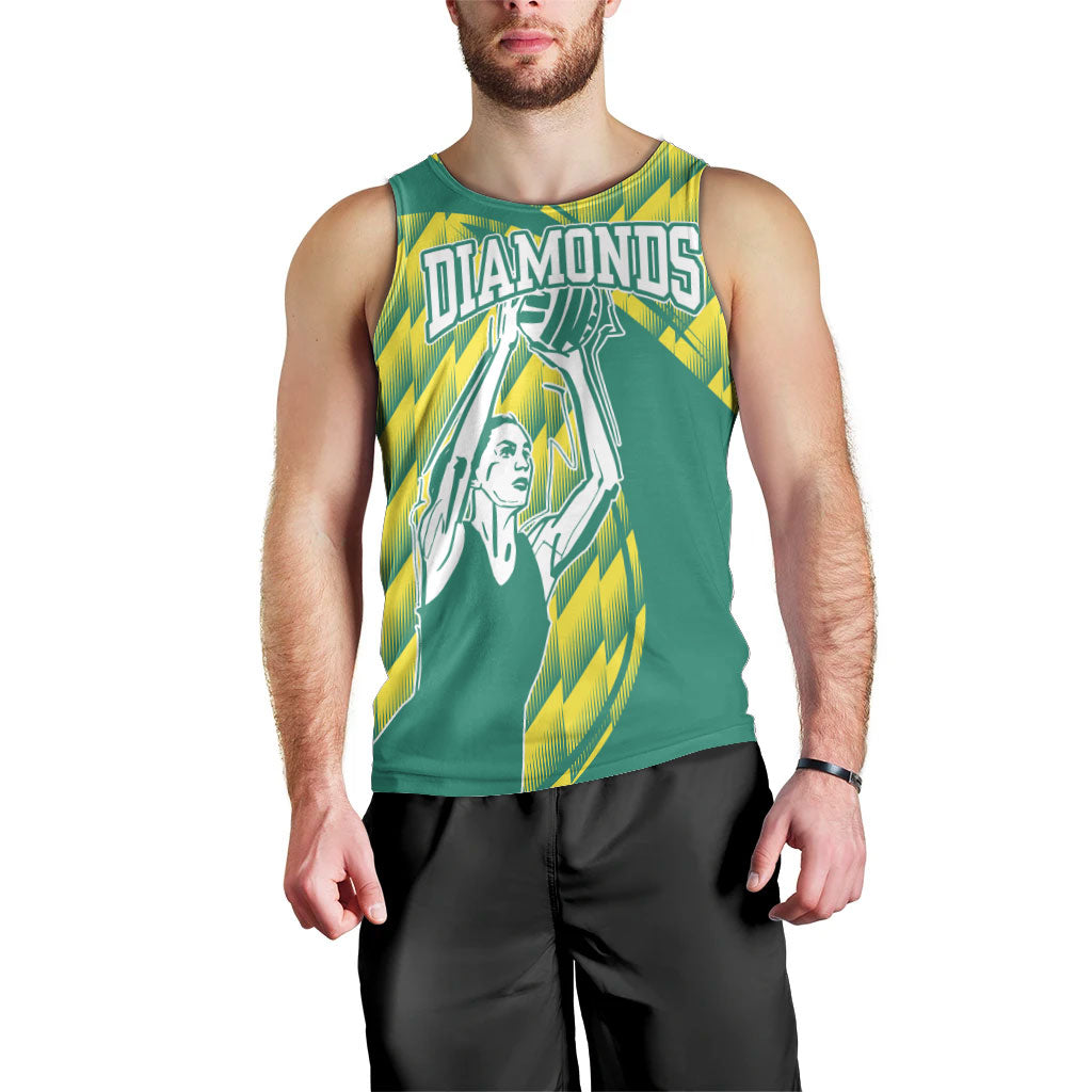 Australian Diamonds Netball Men Tank Top Bold Geometric Zigzag Pattern With Athletic Player Graphics