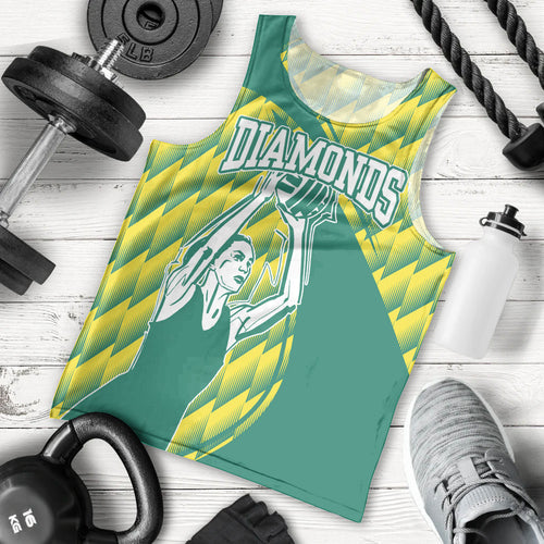 Australian Diamonds Netball Men Tank Top Bold Geometric Zigzag Pattern With Athletic Player Graphics