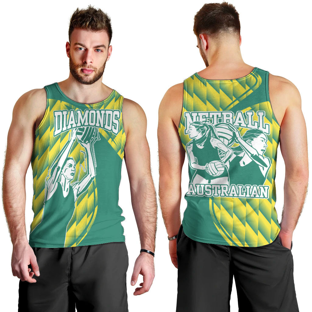 Australian Diamonds Netball Men Tank Top Bold Geometric Zigzag Pattern With Athletic Player Graphics