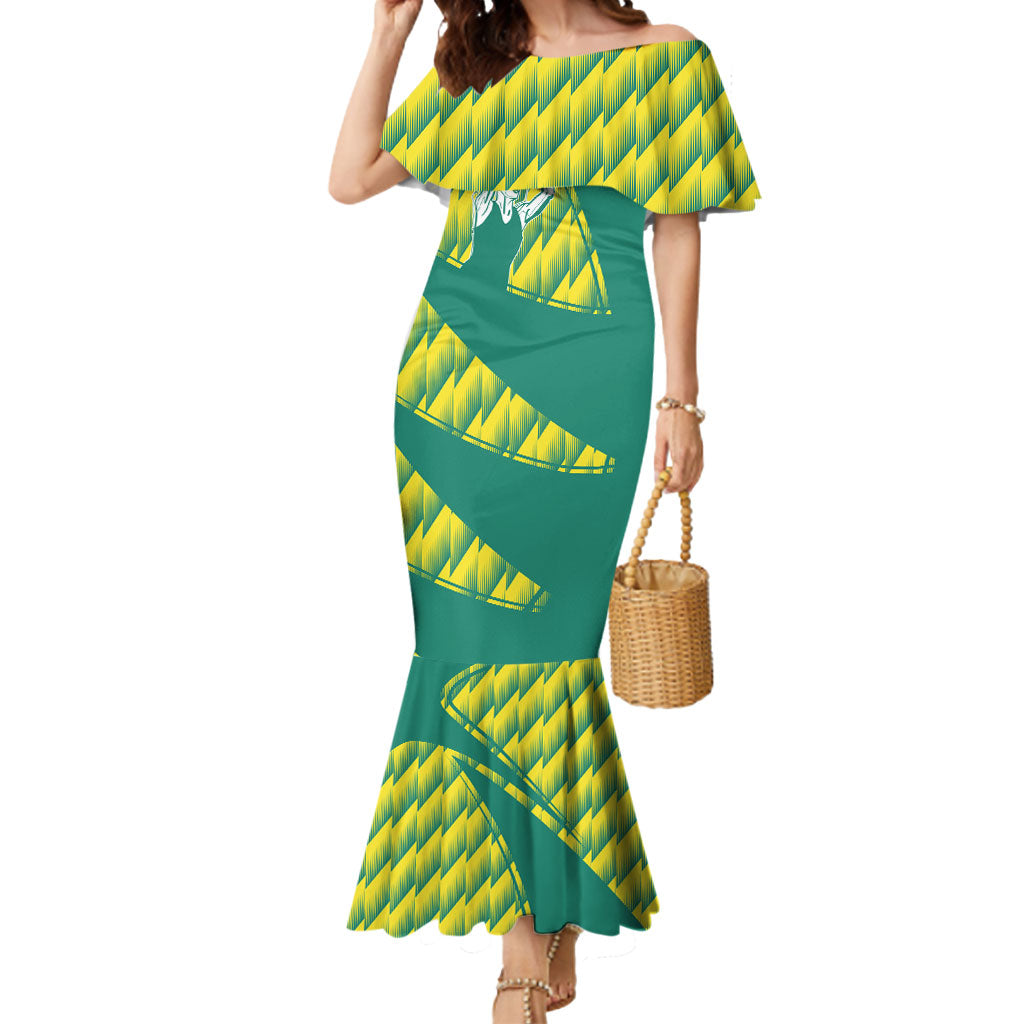 Australian Diamonds Netball Mermaid Dress Bold Geometric Zigzag Pattern With Athletic Player Graphics