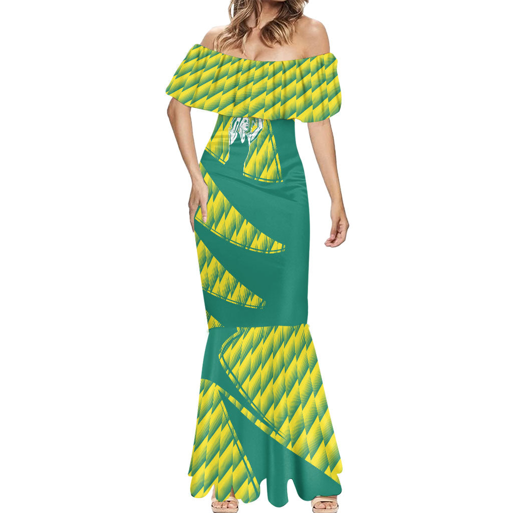 Australian Diamonds Netball Mermaid Dress Bold Geometric Zigzag Pattern With Athletic Player Graphics