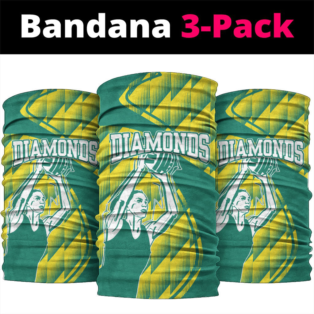 Australian Diamonds Netball Neck Gaiter Bold Geometric Zigzag Pattern With Athletic Player Graphics