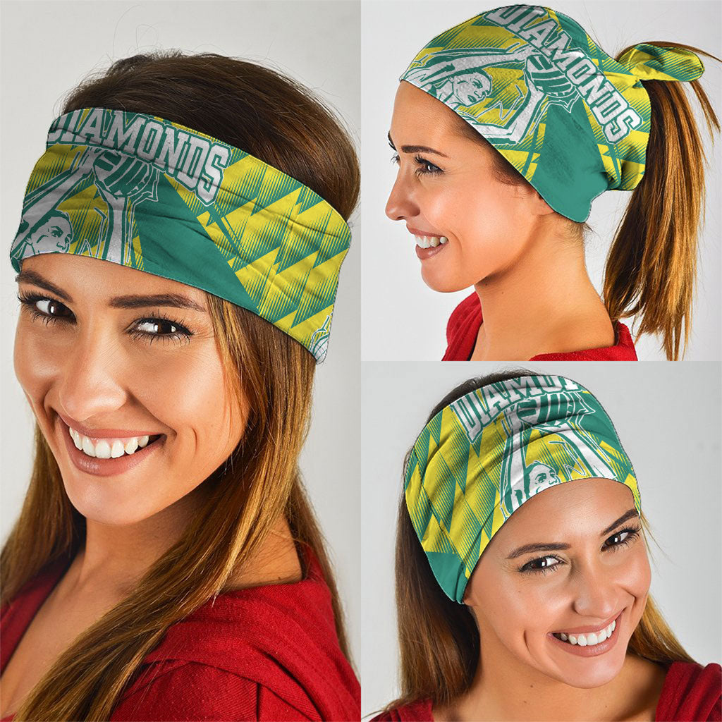 Australian Diamonds Netball Neck Gaiter Bold Geometric Zigzag Pattern With Athletic Player Graphics