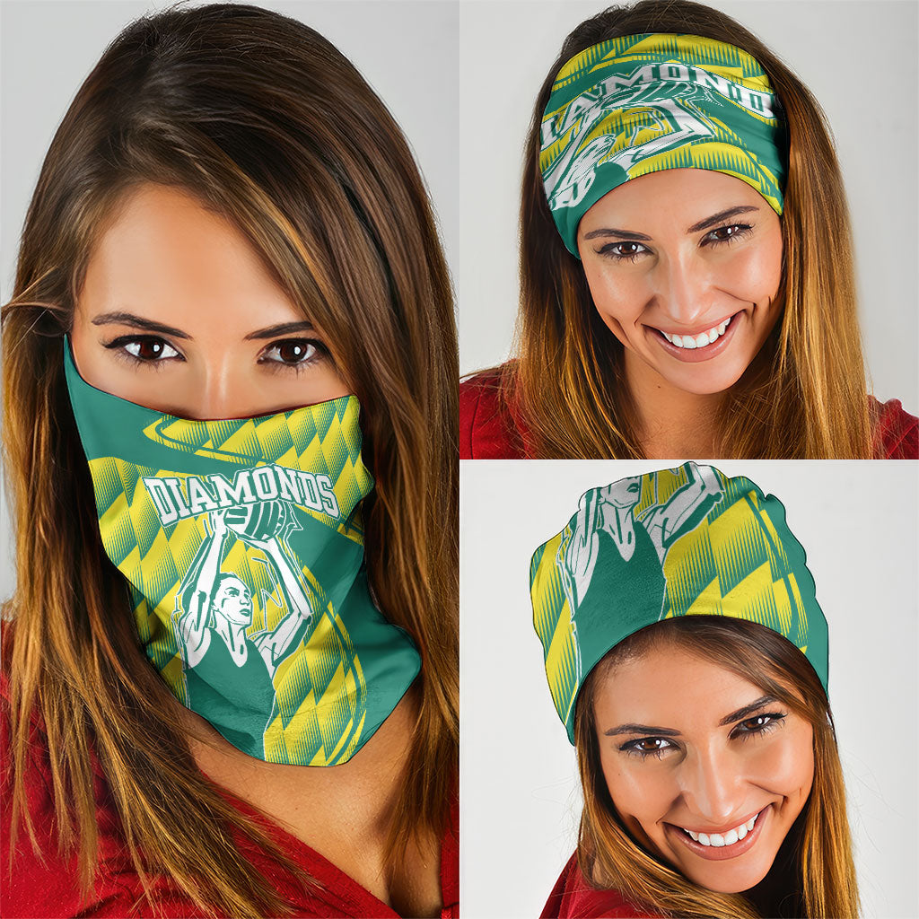 Australian Diamonds Netball Neck Gaiter Bold Geometric Zigzag Pattern With Athletic Player Graphics
