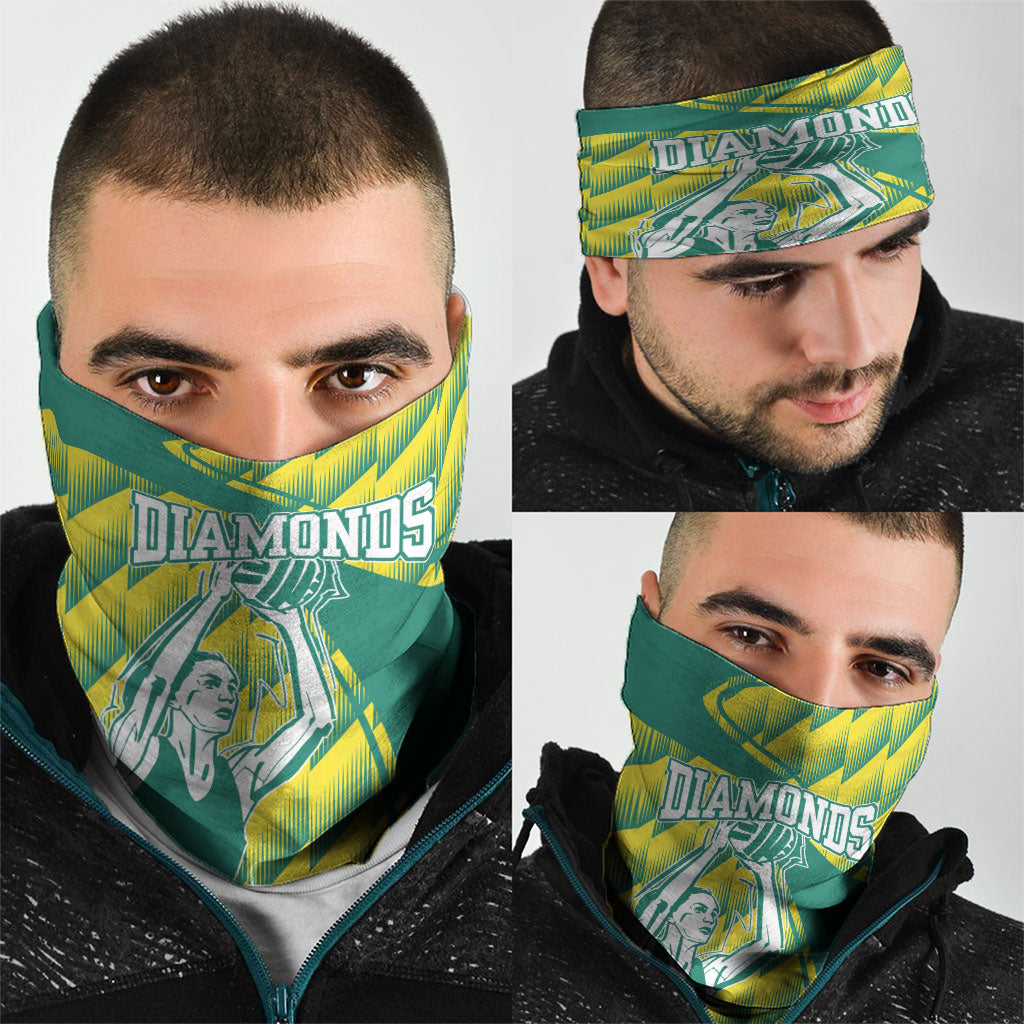 Australian Diamonds Netball Neck Gaiter Bold Geometric Zigzag Pattern With Athletic Player Graphics
