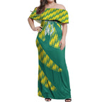 Australian Diamonds Netball Off Shoulder Maxi Dress Bold Geometric Zigzag Pattern With Athletic Player Graphics