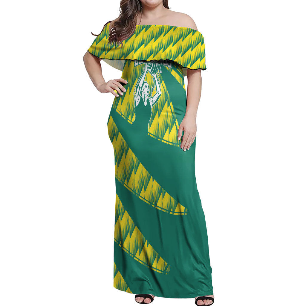 Australian Diamonds Netball Off Shoulder Maxi Dress Bold Geometric Zigzag Pattern With Athletic Player Graphics
