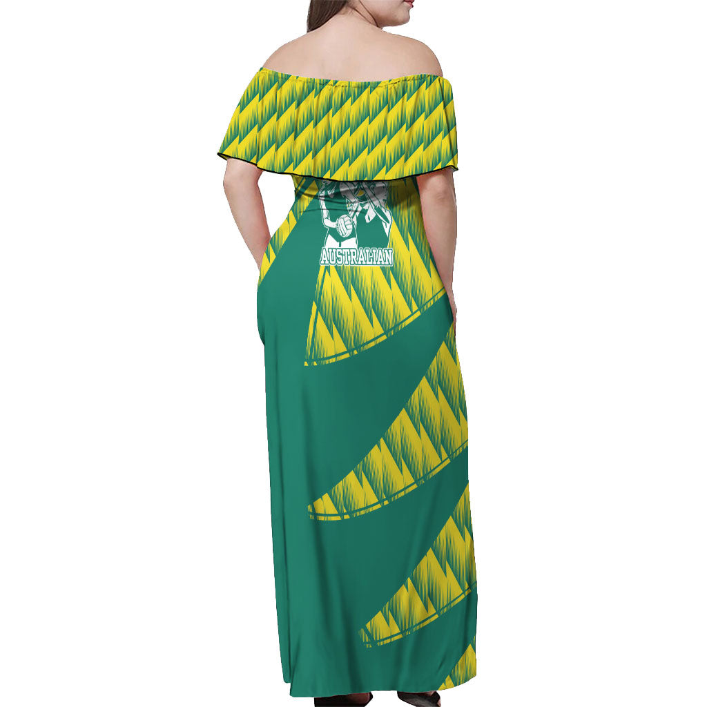 Australian Diamonds Netball Off Shoulder Maxi Dress Bold Geometric Zigzag Pattern With Athletic Player Graphics