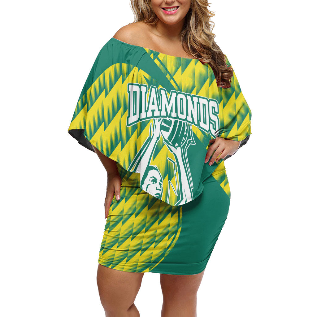Australian Diamonds Netball Off Shoulder Short Dress Bold Geometric Zigzag Pattern With Athletic Player Graphics
