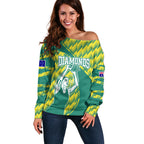 Australian Diamonds Netball Off Shoulder Sweater Bold Geometric Zigzag Pattern With Athletic Player Graphics