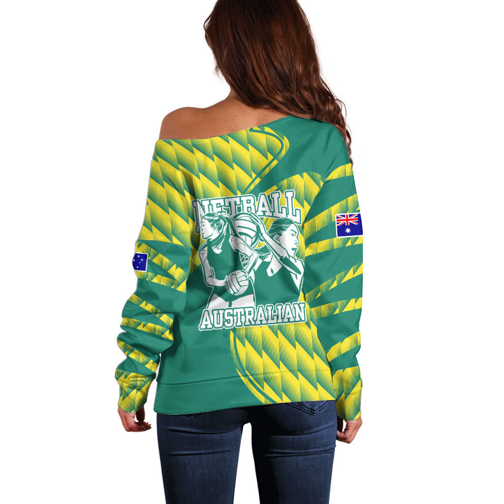 Australian Diamonds Netball Off Shoulder Sweater Bold Geometric Zigzag Pattern With Athletic Player Graphics