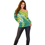Australian Diamonds Netball Off Shoulder Sweater Bold Geometric Zigzag Pattern With Athletic Player Graphics