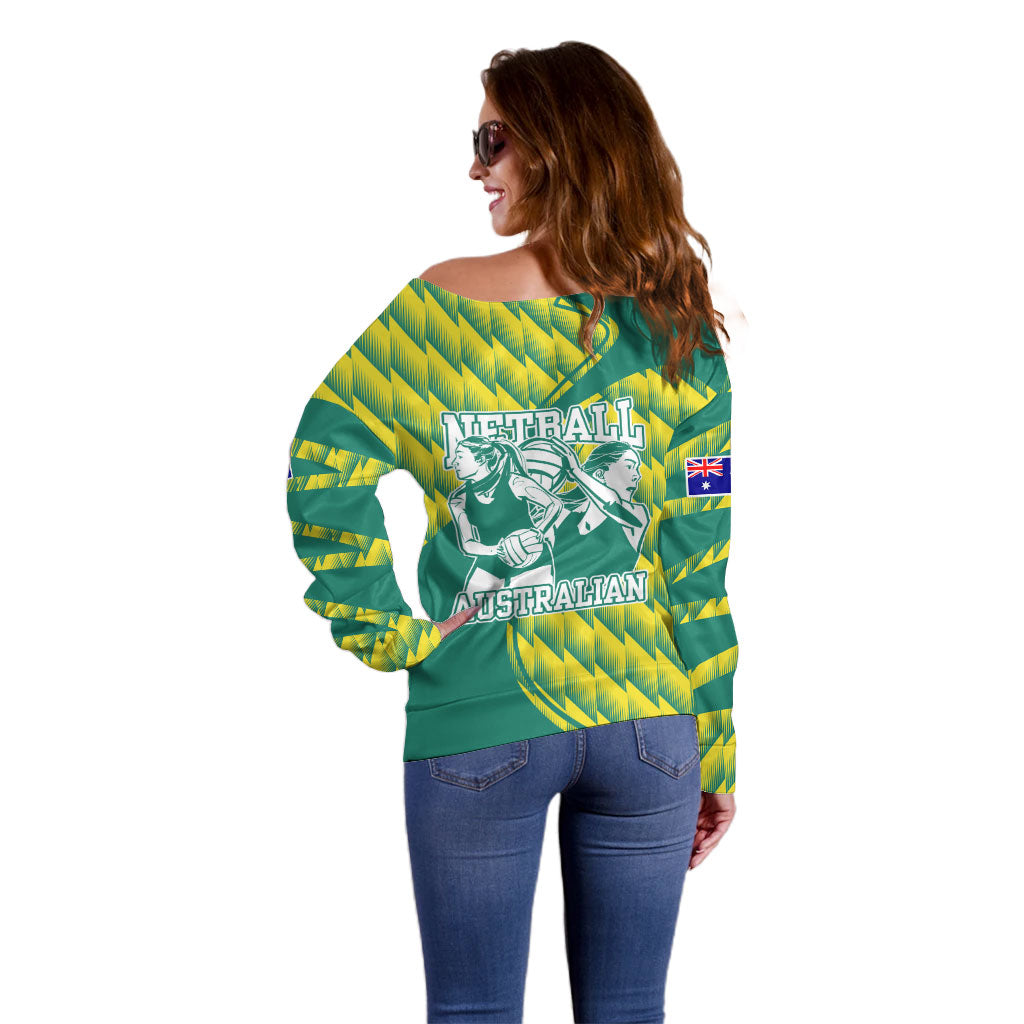 Australian Diamonds Netball Off Shoulder Sweater Bold Geometric Zigzag Pattern With Athletic Player Graphics