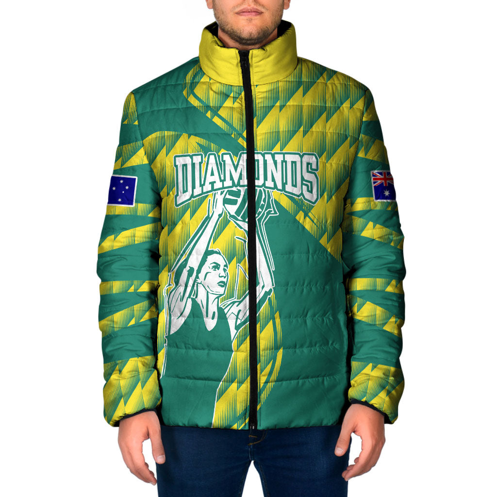 Australian Diamonds Netball Padded Jacket Bold Geometric Zigzag Pattern With Athletic Player Graphics