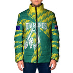 Australian Diamonds Netball Padded Jacket Bold Geometric Zigzag Pattern With Athletic Player Graphics