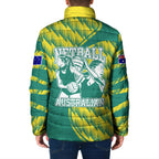 Australian Diamonds Netball Padded Jacket Bold Geometric Zigzag Pattern With Athletic Player Graphics