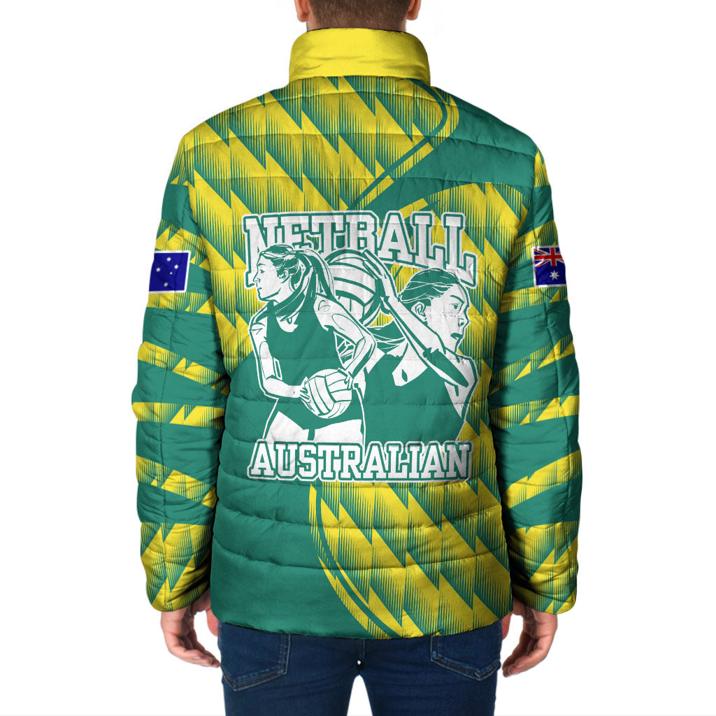 Australian Diamonds Netball Padded Jacket Bold Geometric Zigzag Pattern With Athletic Player Graphics