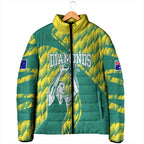 Australian Diamonds Netball Padded Jacket Bold Geometric Zigzag Pattern With Athletic Player Graphics