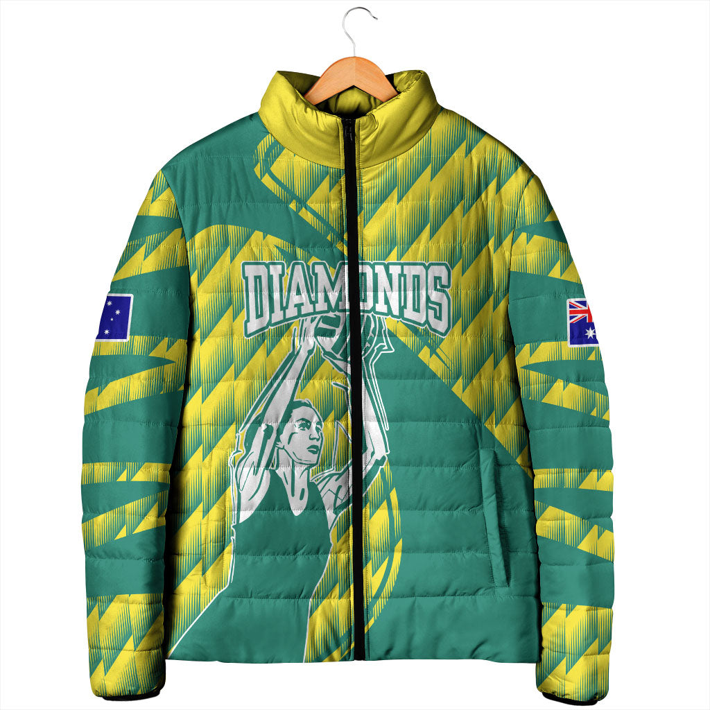 Australian Diamonds Netball Padded Jacket Bold Geometric Zigzag Pattern With Athletic Player Graphics