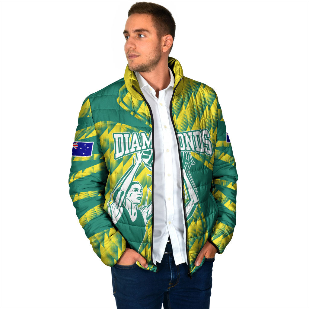 Australian Diamonds Netball Padded Jacket Bold Geometric Zigzag Pattern With Athletic Player Graphics