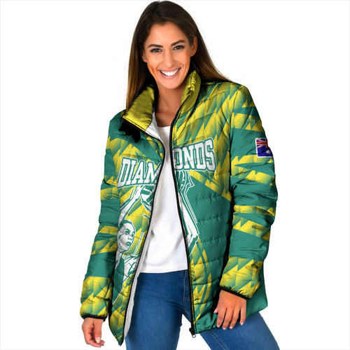 Australian Diamonds Netball Padded Jacket Bold Geometric Zigzag Pattern With Athletic Player Graphics