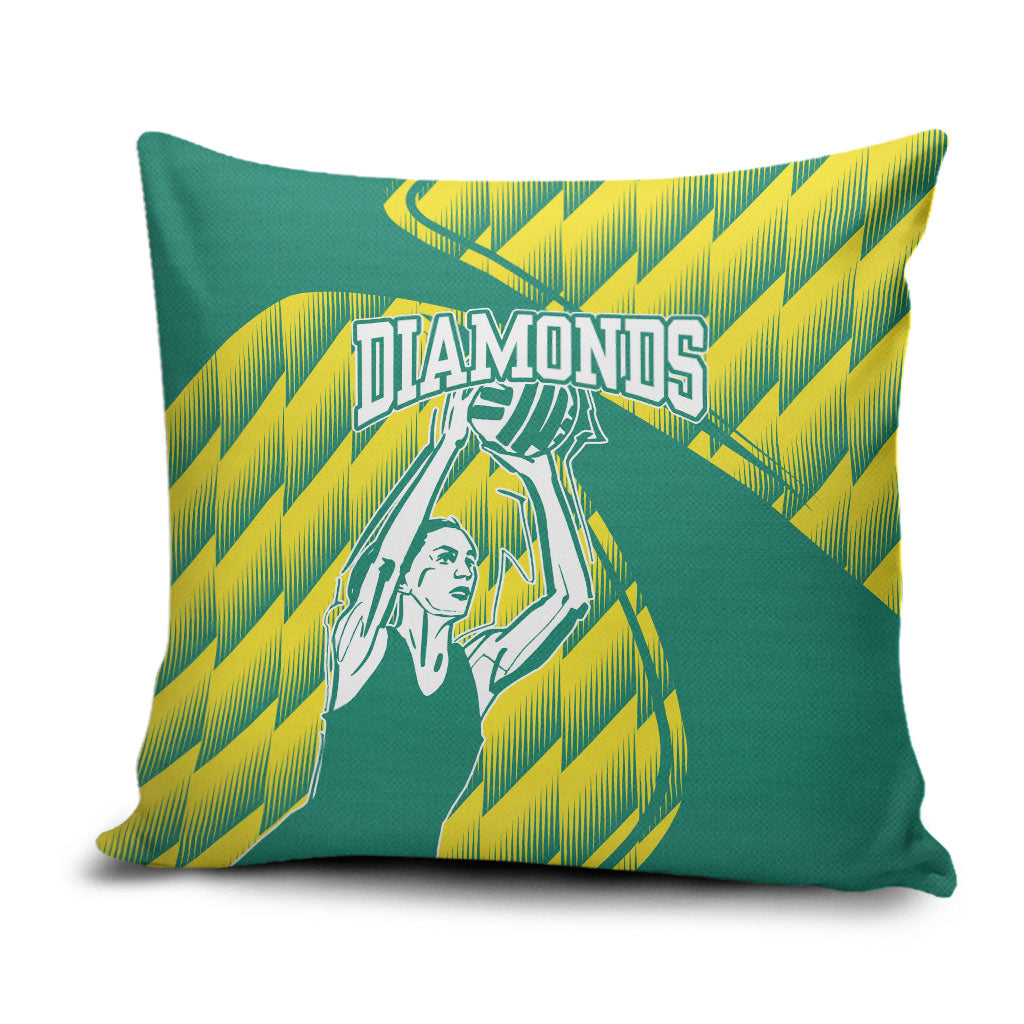 Australian Diamonds Netball Pillow Cover Bold Geometric Zigzag Pattern With Athletic Player Graphics