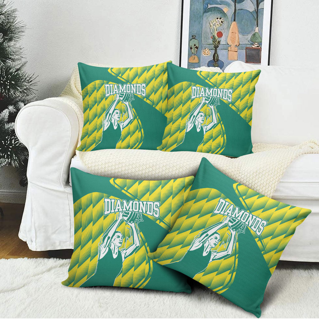 Australian Diamonds Netball Pillow Cover Bold Geometric Zigzag Pattern With Athletic Player Graphics