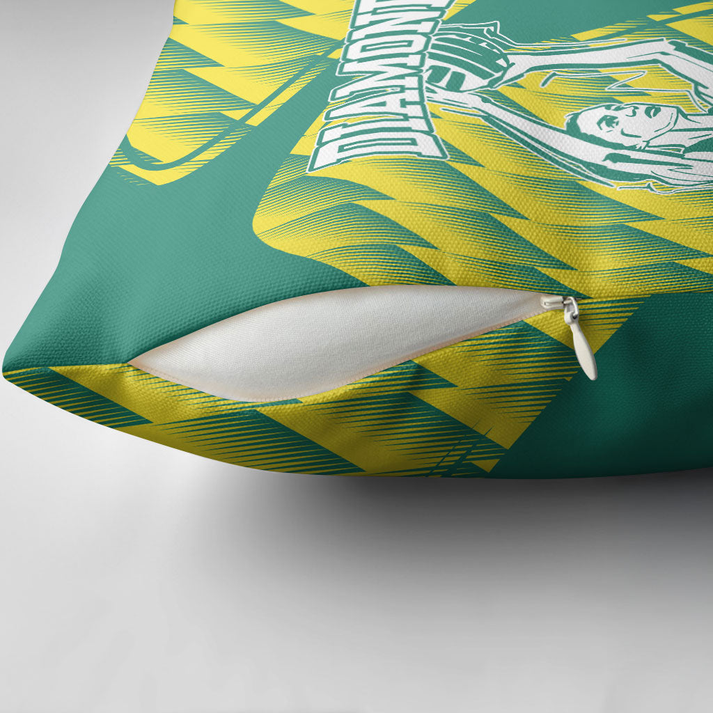 Australian Diamonds Netball Pillow Cover Bold Geometric Zigzag Pattern With Athletic Player Graphics