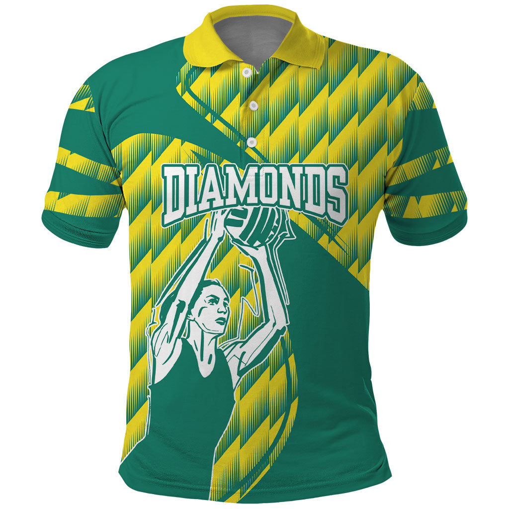 Australian Diamonds Netball Polo Shirt Bold Geometric Zigzag Pattern With Athletic Player Graphics