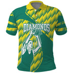 Australian Diamonds Netball Polo Shirt Bold Geometric Zigzag Pattern With Athletic Player Graphics
