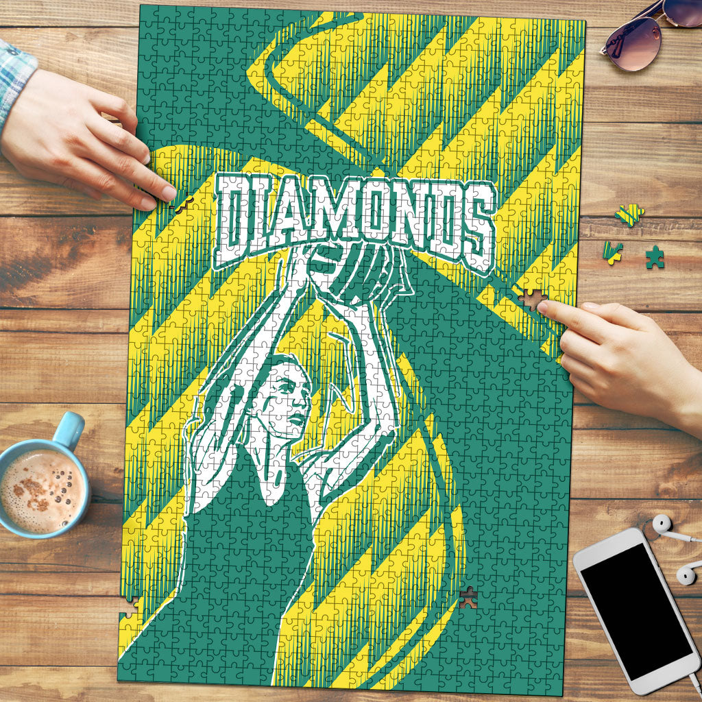Australian Diamonds Netball Puzzle Bold Geometric Zigzag Pattern With Athletic Player Graphics